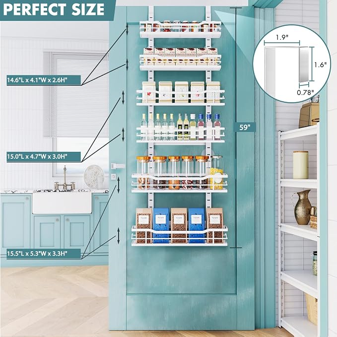 Eastherry Over The Door Pantry Organizer，6-Tier Over The Door Organizer with Adjustable Basket，Metal Hanging Pantry Organizers and Storage for Kitchen, Back of Door Seasoning Rack (White) - Image 2