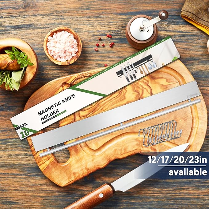 20 inch magnetic knife holder with 10 hooks, no drilling knife magnetic strip, and utensil hanger for wall. Powerful knife magnet rack includes tape and screw - Image 2