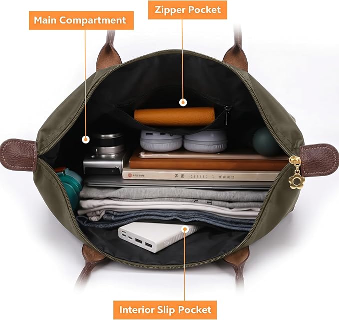 Nylon Tote Bag for Women, Lightweight Foldable Shoulder Tote with Zipper, Large Work Travel Bag for Everyday Use - Image 4