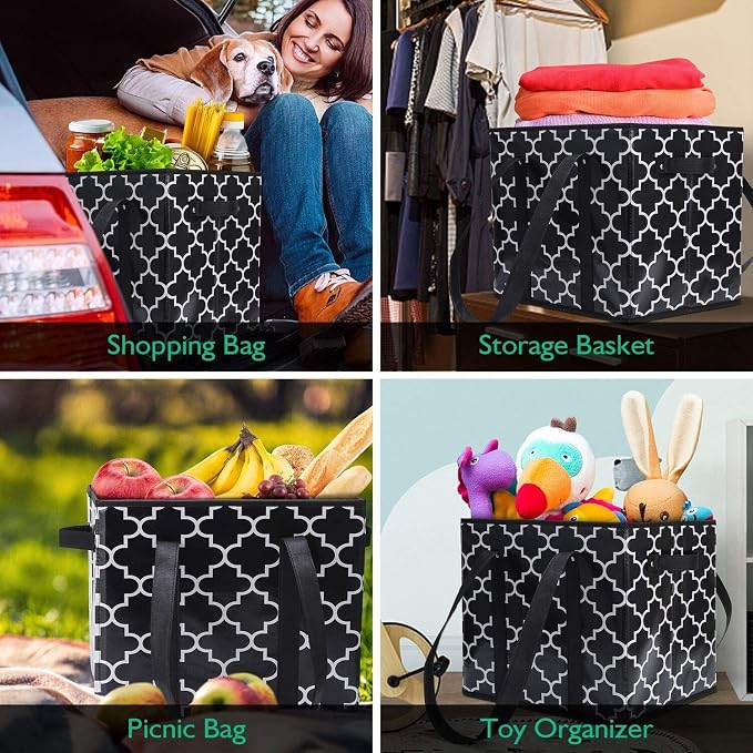 Reusable Grocery Bags 4-Pack Foldable Washable Large Storage Basket, Black | Water Resistant Shopping Tote Bag Bins - Image 2