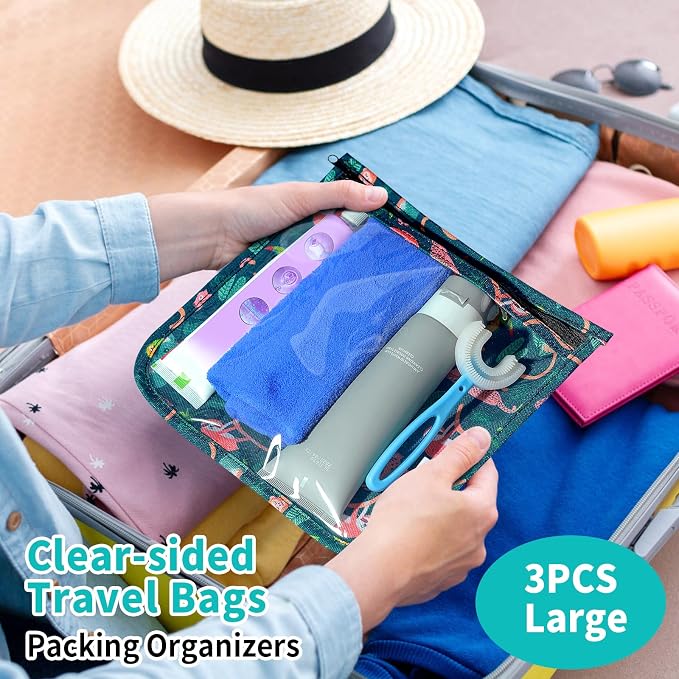 HIONXMGA Set of 3 Diaper Bag Organizing Pouches, Space-Saving, 3 Large Size | Clear Front Toiletry Bags Waterproof Zipper Pouches for Women Kids Toiletries Baby Essentials Well-Organized Carry, Jungle - Image 3