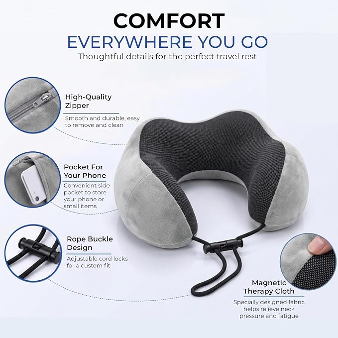 Travel Neck Pillow, Premium Memory Foam, Travel Pillow for Flights, Neck Pillow for Travelling, Ergonomic Neck Support Cushion, Lightweight & Washable Cover (Gray - U Shape) - Image 7