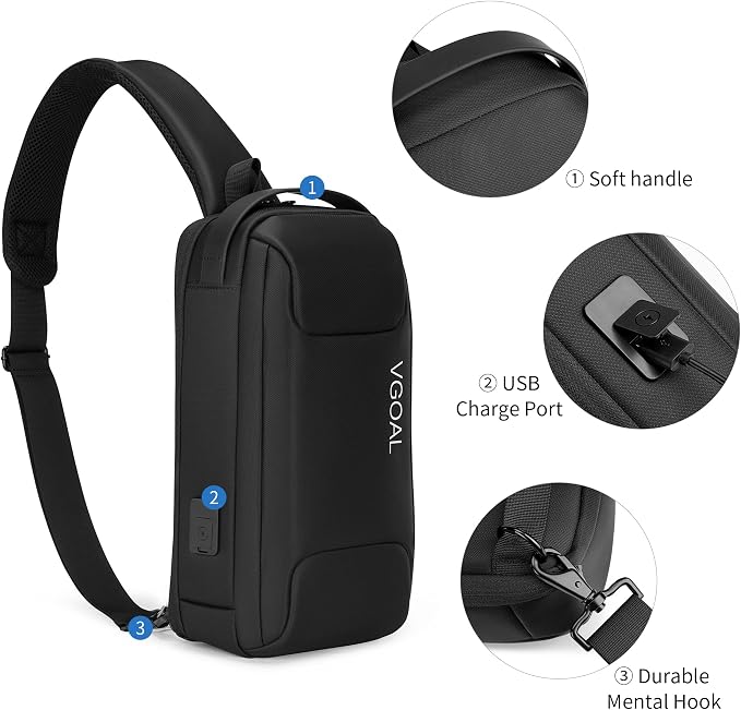 VGOAL Crossbody Sling Bag for Men Sling Backpack Chest Shoulder Bag Black | Waterproof,USB Charge Port,Portable,Minimalist,13*6.7*3.5Inch,Fit 9.7" IPad,Business,Travel,Cycling,Hiking - Image 7