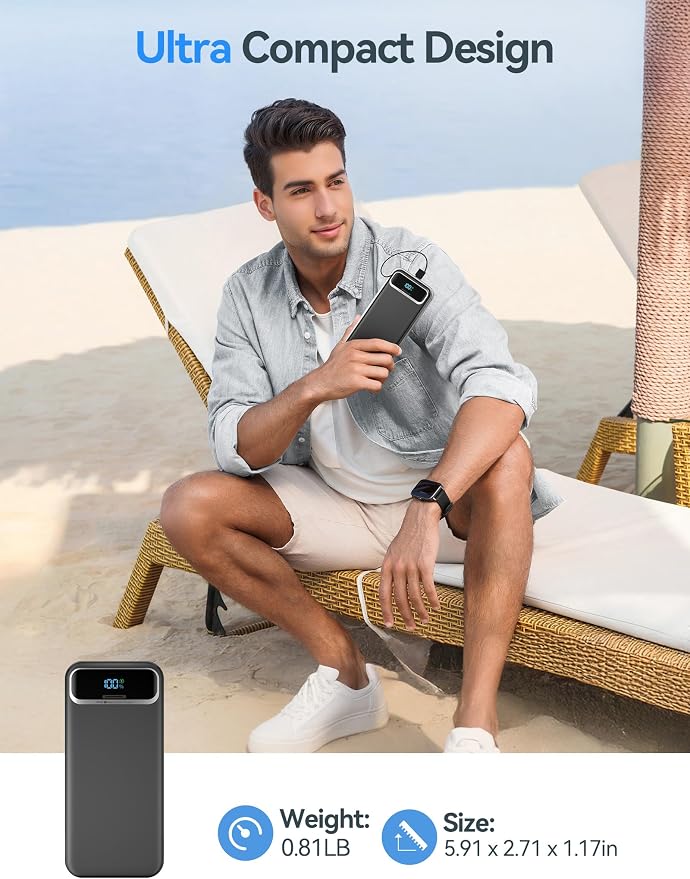aonidi Portable Charger 20000mAh with Built-in Cables&AC Wall Plug, Black | PD20W Fast Charging,Travel Essential,TSA Approved,LED Display,All in One USB C Power Bank for All Cell Phones Devices - Image 8
