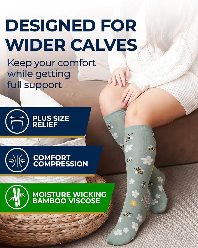Pembrook 3 Pairs Plus Size Compression Socks Wide Calf - Bamboo Viscose Compression Socks for Women Wide Calf - Image 2