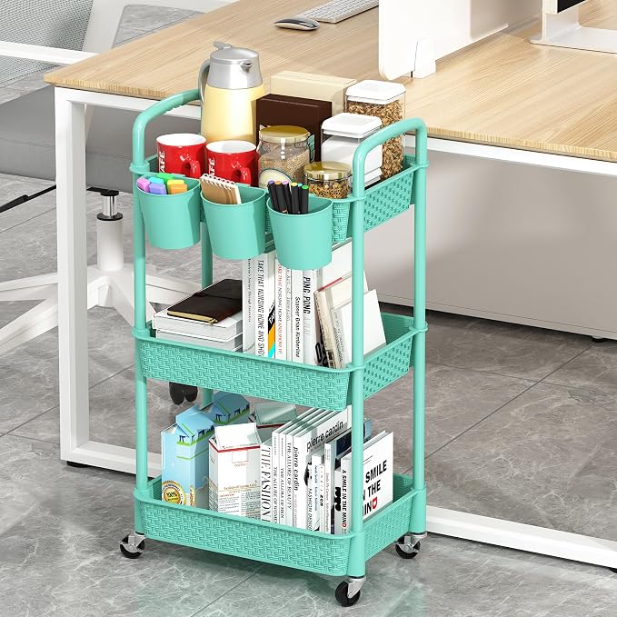 MOYIPIN 3-Tier Plastic Rolling Utility Cart with Handle,Turquoise | Utility Storage Cart for Office, Living Room, Kitchen,Movable Storage Organizer，Easy installation，Rattan-like art design - Image 4