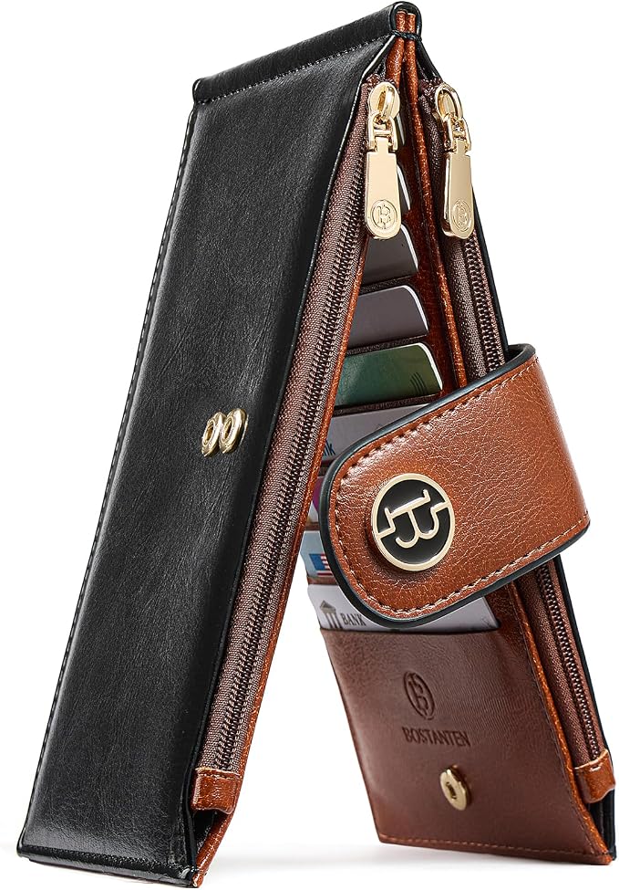 BOSTANTEN Leather Womens Wallet Large RFID Blocking Slim Card Holder | 16 Card Slots, 2 Zipper Pockets, Bifold, Long, Fits Most Purses, Organized Everyday Carry, Ladies Gifts, Black＆Brown by BOSTANTEN