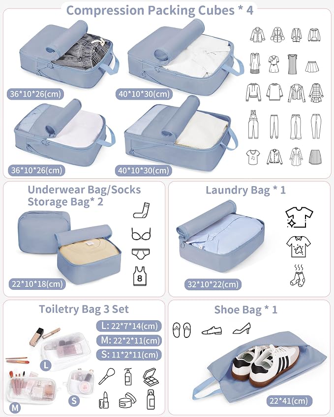 Compression Packing Cubes 11pc Set, Expandable Travel Organizers for Suitcases & Carry Ons, Durable Luggage Packing Bags for Travel Essentials Blue - Image 2