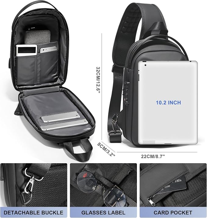 FENRUIEN Anti-Theft Crossbody Sling Backpack Bag for Men Hard Shell with USB, Shoulder Pack Lock Waterproof 10.2 inch Single Strap for Travel Hiking - Image 3