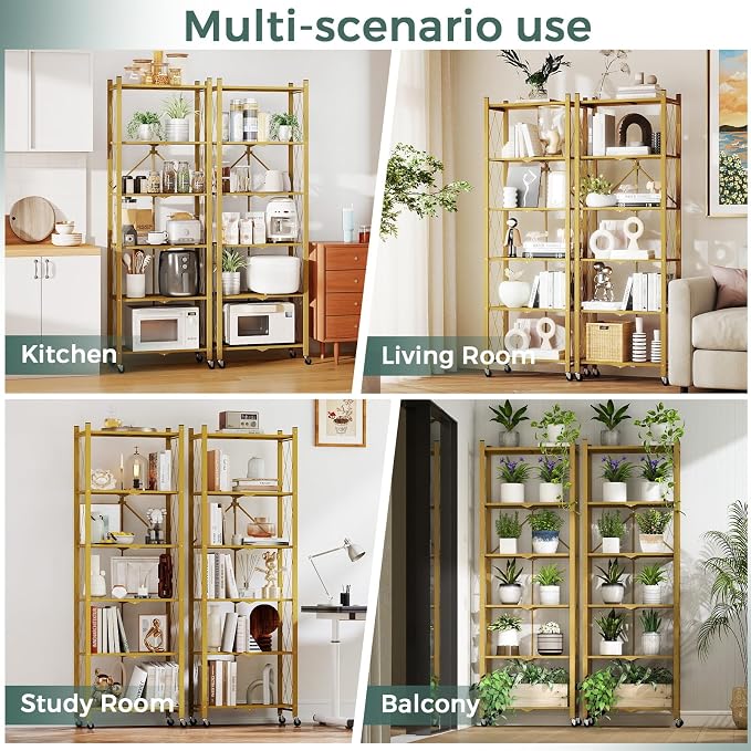 DEANIC 6-Shelf Folding Bookcase with Wheels, Heavy Duty Storage Shelves, Freestanding Metal Wire Shelving Unit for Living Room, Office, Kitchen, Basement, Pantry (Gold 2 Pack) - Image 6