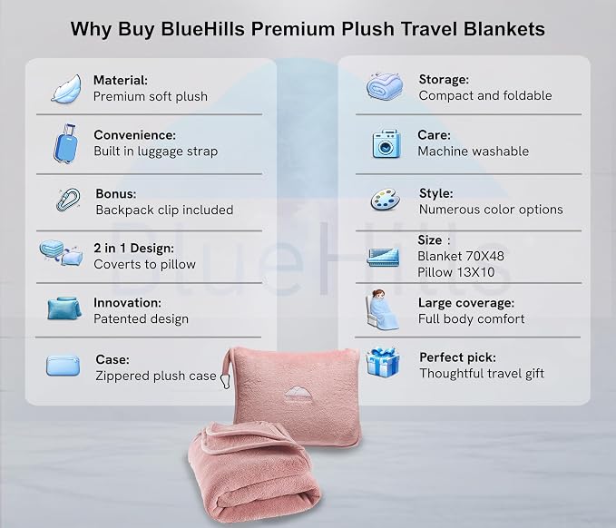 BlueHills Premium Soft Long Travel Blanket Pillow Combo – Dusty Rose Pink | Long 70x48 Travel Blanket Pillow 2 in 1, Soft Pillowcase, Backpack Clip, Compact & Portable, Large Throw Traveling Essentials - Image 2