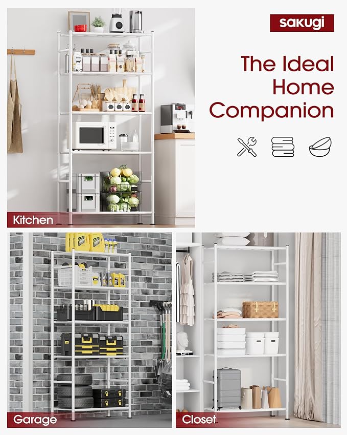 Sakugi Storage Shelves - 5 Tier Shelf Organizer, Heavy Duty Garage Shelving Unit with Leveling Feet, Stable Metal Shelves Organizer for Pantry, Kitchen and Closet, 33.0" W x 12.6" D x 72.0" H, White - Image 4
