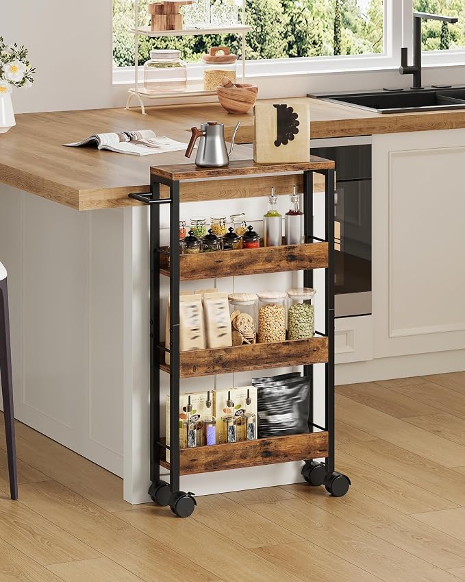 4-Tier Slim Storage Cart, 5.1'' Kitchen Serving Trolley, Slim Rolling Cart with Handle and Guard Rails, Slim Cabinet for Small Spaces, for Dining Room, Rustic Brown and Black TTC01BF - Image 3