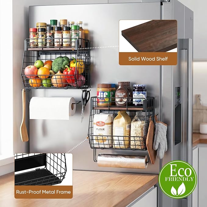 Magnetic Spice Rack for Fridge with Paper Towel Holder 2 Hook, Fruit Basket | Kitchen Storage and Organizer, Full‑Enclosed Magnetic Shelf 33 lbs for Laundry, Pantry, Coffee Bar and RV - Image 5