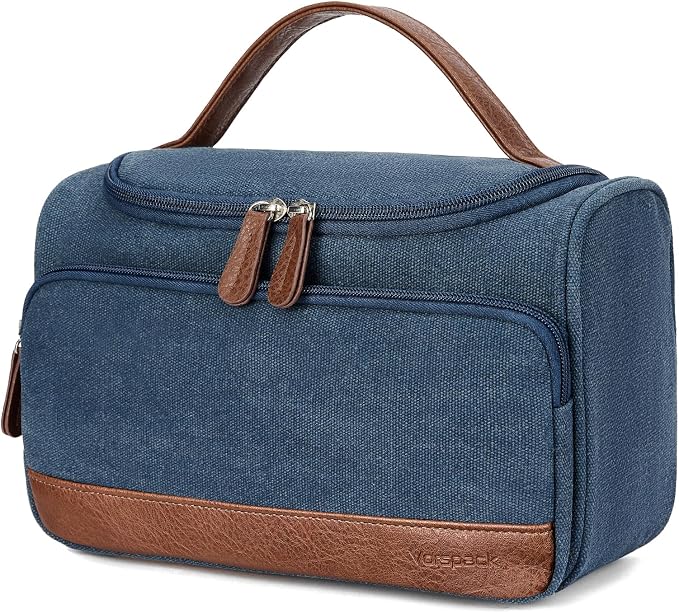 Vorspack Structured Canvas Travel Toiletry Bag for Men, Medium-Navy Blue | Upright Travel Bag with Wet Pocket, Wide Opening, Bathroom Organizer for Shaving Grooming Skincare, Travel Essentials, Gifts by Vorspack