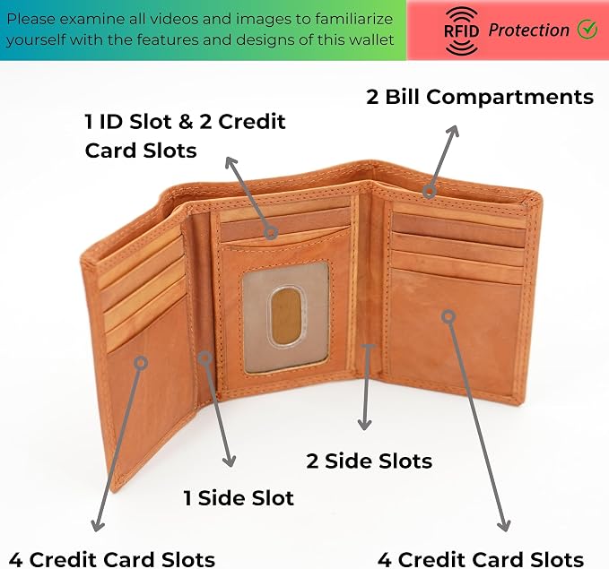 AG Wallets RFID Blocking Wallet for Men - Trifold Minimalist Slim Wallet with 10 Credit Card Slots & 3 Side Slots - 100% Genuine Leather Travel Wallet - Secure Compact Wallet - Tan - Image 7