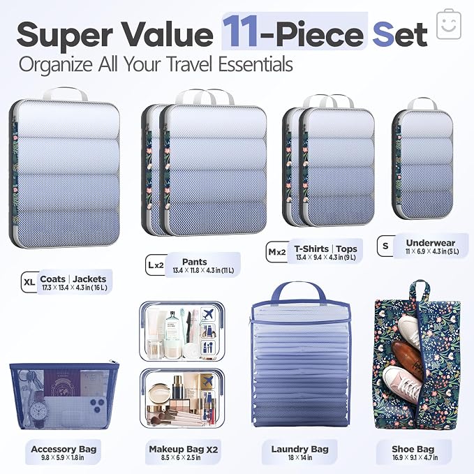 Veken 11 Set Compression Seting Cubes Garment Bags for Travel Essentials,Compressible Expandable Luggage Organizer Bags for Clothing,Space Saver Bags with Over 99 pcs of Mesh Holes(Dark Blue Floral) - Image 2