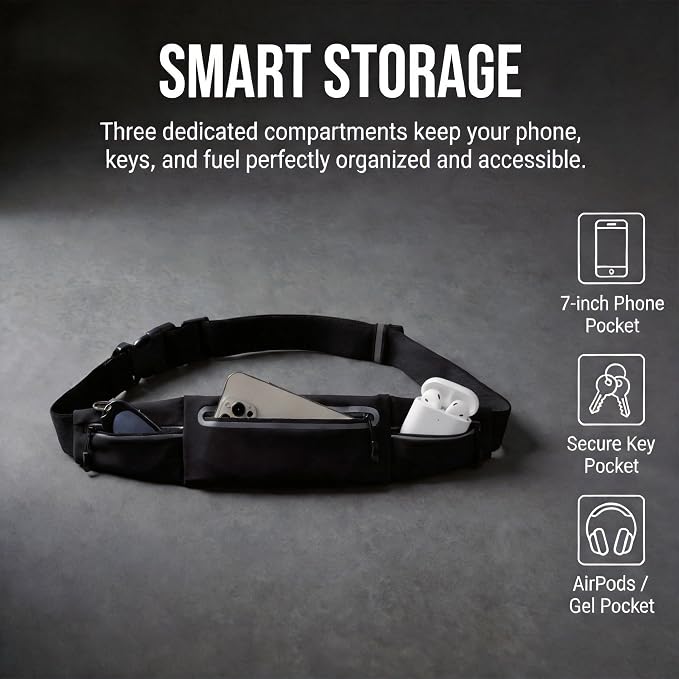 Running Belt for Women Men, Slim No-Bounce Waist Pack, Water Resistant Reflective Phone Holder Fits Phones up to 7.5 inch, Adjustable Fanny Pack for Running Jogging Hiking（Black） - Image 3