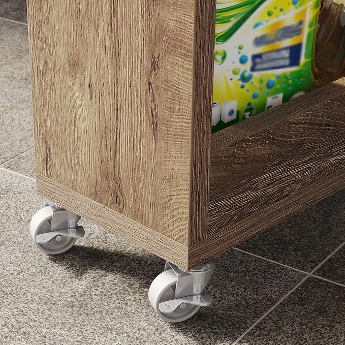 LITTLE TREE 63-Inch Slim Storage Cart on Wheels, 5-Tier Tall Narrow Mobile Shelf Organizer, Rolling Utility Cart with Metal Handle for Kitchen, Dining Room, Small Spaces, Brown - Image 5