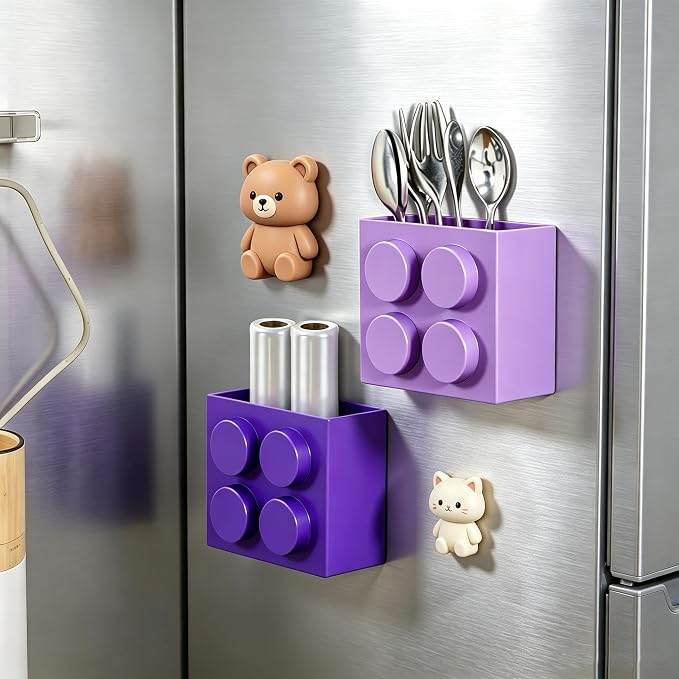 Magnetic Basket Organizer for Fridge - Lego-Style ABS Plastic Storage Box,No Drill Design for Kitchen Counter, Microwave & Whiteboard, Holds Up to 3.5 lbs (deep purple) - Image 7