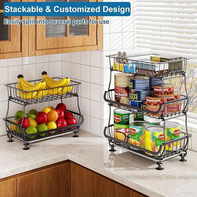 OKZEST 3-Tier Rolling Pantry Floor Organizers and Storage Cart with Wheels | Fits under pantry shelf, Stackable kitchen pantry baskets with dirt catch tray, Holds drink, snack, can, potato, onion, fruit - Image 7