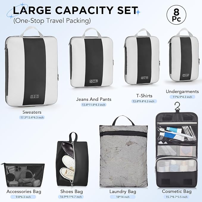 OlarHike 8 Set Compression Packing Cubes for Travel Essentials,Compressible Expandable Space Saver Bags for Organizing Clothes,Luggage Suitcase Garment Bags with Over 1000 pcs Mesh Holes(Black) - Image 2