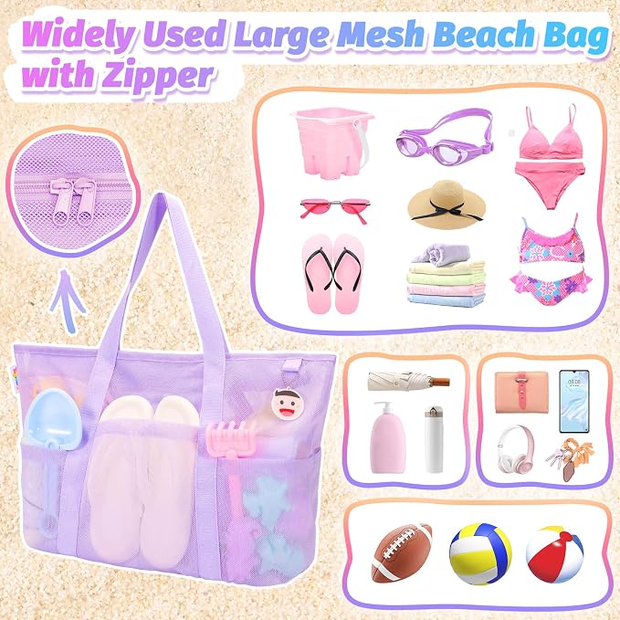 Tagitary Mesh Beach Bag with Zipper Large Beach Tote Waterproof Sandproof with 8 Pockets for Toys Pool Bag Beach Accessories - Image 6