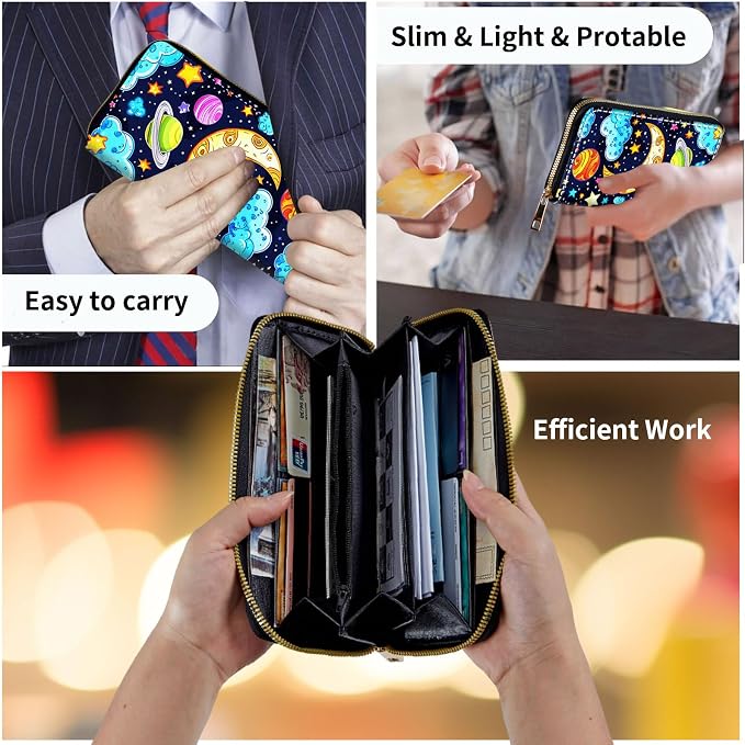 Wallet,Leather Long Wallet Suitable For Ladies And Teenagers - Detachable Wristband + RFID Travel Wallet With Card Slot - Colored Universe - Image 7