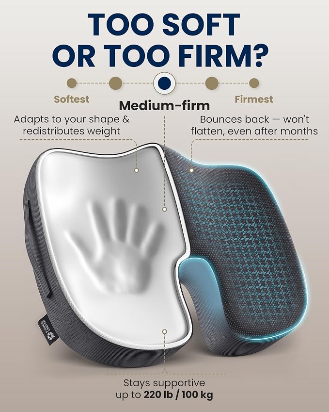 5 STARS UNITED Seat Cushion - Memory Foam Chair Cushion for Tailbone Pain Relief - Ergonomic Support for Coccyx, Sciatica & Butt - Office, Desk & Gaming Chair, Car Seat, Wheelchair, Airplane, D Gray - Image 6