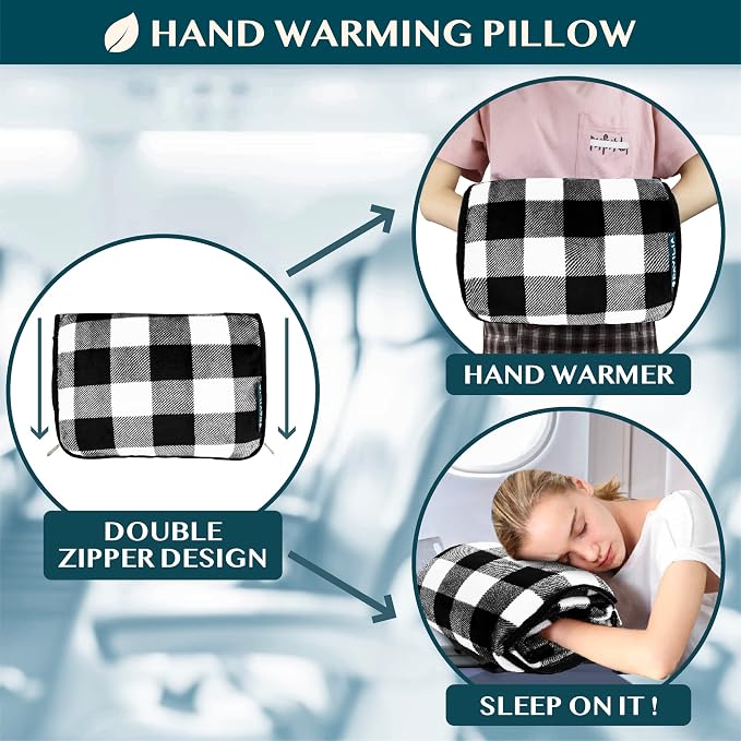 PAVILIA Travel Blanket Pillow, Soft Airplane Blanket 2-in-1 Combo Set, Plane Blanket Compact Packable, Flight Essentials Car Pillow, Travelers Gifts Accessories, Backpack Strap, 60x43 Checker White - Image 4