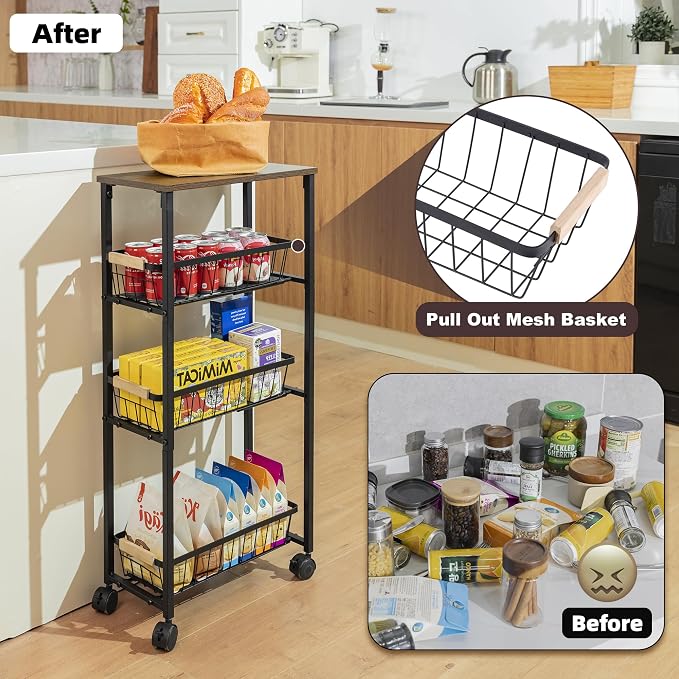 Narrow Rolling Cart with Wheels, 4-Tier Slim Metal Storage Cart with Pull-Out Baskets, 7.87 Inch Width Small Laundry Room Organizer Cart, Space-Saving for Kitchen, Bathroom - Image 3