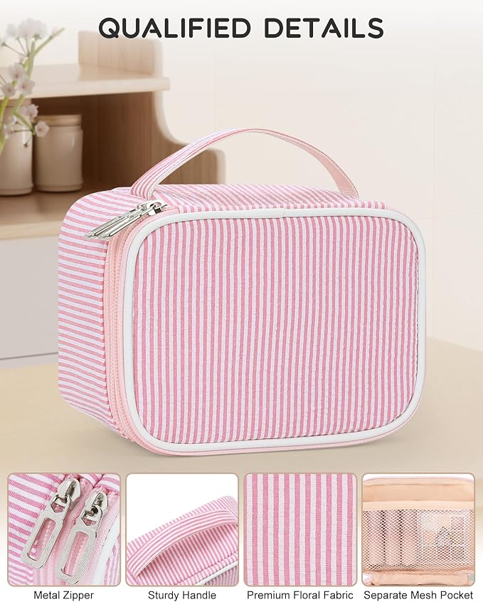 Relavel Small Pink Cosmetic Bag with 2 Makeup Brush Holders, Pink Strip | 2-Layer Travel Makeup Bag, Portable Compact Makeup Pouch for Women, Cute Toiletry Bag with Double Layer Organizer - Image 6