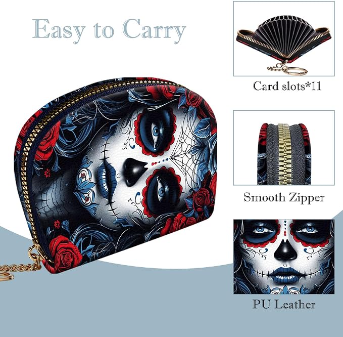 Women's Slim RFID Wallet – Compact Leather Card Holder Wallet for Women, 9 Card Slots RFID Blocking Credit Card Organizer, Small Travel Wallet - Sugar Skull Woman - Image 4