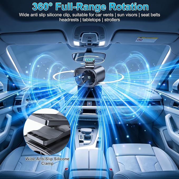Portable Clip on Air Conditioner Fan for Car with LED Display, 360° Rotation 199 Speeds Mini Cooling Fans, USB Rechargeable 1500mAh Battery Powered Personal Fan for Car Vehicle Stroller Office Camping - Image 5
