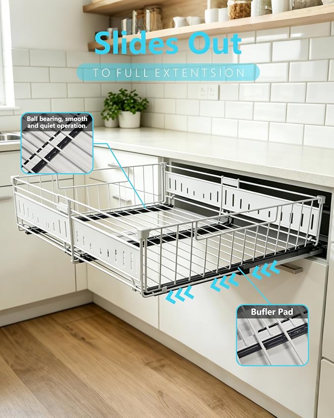 KimHong 2 Pack Pull Out Cabinet Organizer, Expandable Drawer Organizer with Adjustable Width 12.4"-19.5", Adhesive No Drill Under Cabinet Shelves for Home Kitchen Pantry with Silent Slides - Image 2