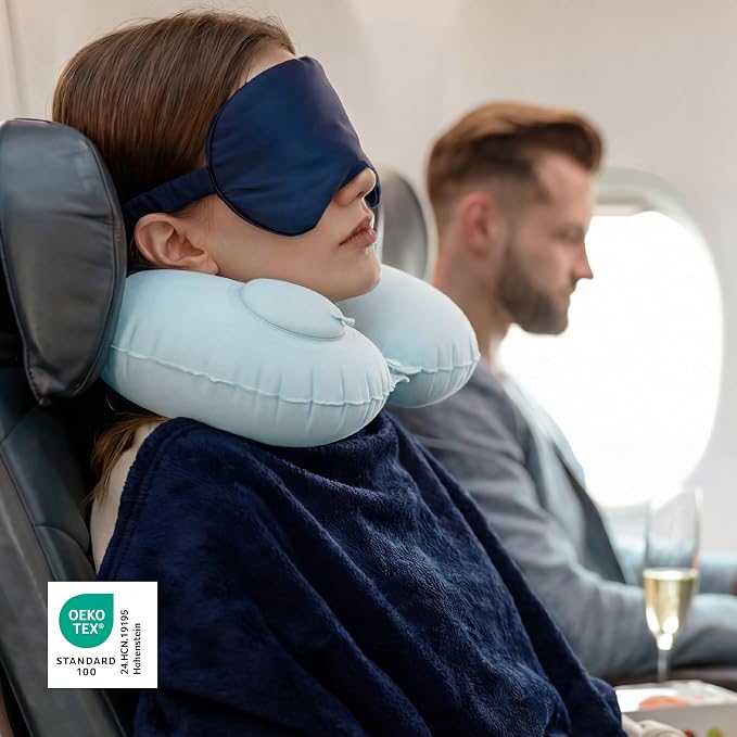 Bedsure Travel Blanket Set with Inflatable Neck Pillow and Eye Mask - Lightweight 3-in-1 Airplane Packable Blanket, Compact Travel Essentials, Navy - Image 4