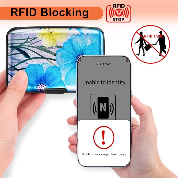 Mayski Credit Card Holder for Women RFID Blocking Wallet, Blue Flower | Card Wallets for Women Small Mini Business Metal Accordion Aluminum Alloy Hard Case for Men - Image 2