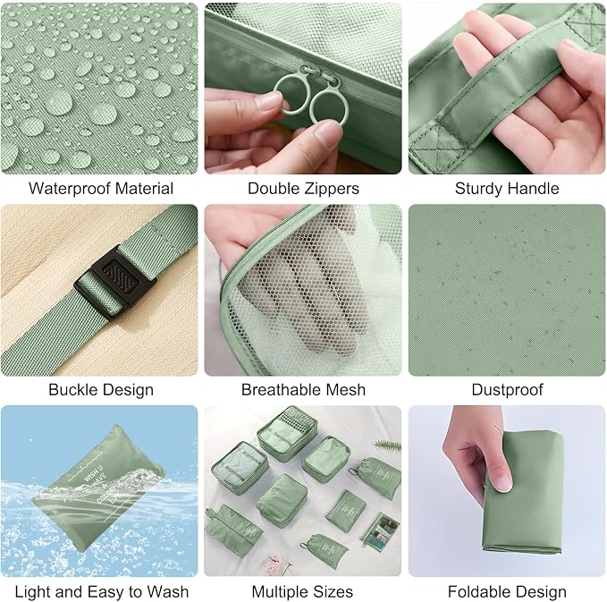 Packing Cubes for Travel- 8 Set Luggage Organizer Bags for Family, Mesh Breathable Travel Packing Cubes for Suitcases Durable Travel Essentials Bags Set (Matcha Green, 10 Set) - Image 6