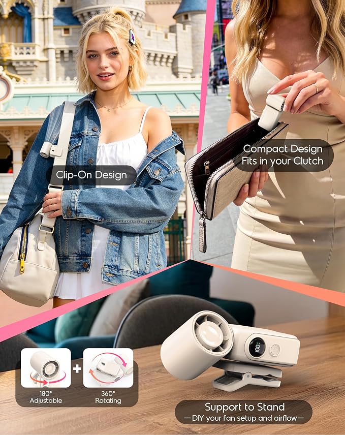 Clip-On Portable Fan for Strollers, 13500RPM Mini Handheld Turbo Travel Fan | Rechargeable 360° Rotatable, LED Display, 4 Gear High Speed Turbo, Travel Cruise Concert Office Makeup Ideal, Women Men Gifts - Image 6