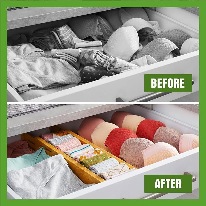 Bamboo Drawer Dividers, Expandable Drawer Separators Splitter, 17-22 inches Adjustable Spring-loaded Organizer for Large Utensil, Clothes, Tools Drawers, 6 Pack Dividers + 4 Pack Baffle - Image 5