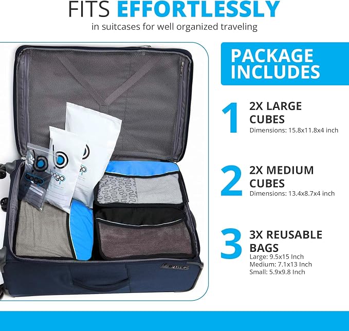 Bago Packing Cubes for Suitcases - 7Pcs Luggage & Suitcase Organiser Bags Set - Compression Packing Cubes for Travel Accessories Essentials - 4 Cubes plus 3 Sealed ZipBags (Blue), Blue, 4pcs Set, - Image 5