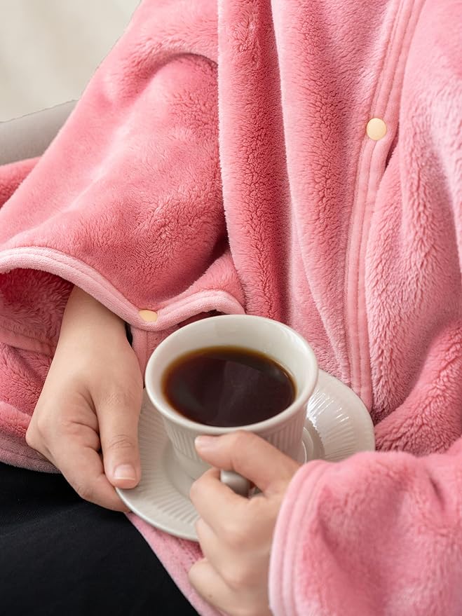Shawl Blanket Pillow 2-in-1 with Sleeves for Office, Work, Home (Blossom Pink, 40x60) - Wearable Adult Snuggie Coat Poncho, Airplane Travel Set, Fleece Shoulder Wrap for Men and Women - Image 6