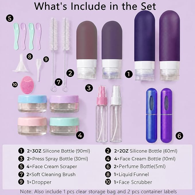 24 Pack Travel Bottles for Toiletries -TSA Approved, Leak Proof Silicone | Refillable Travel Size Containers Kits with Perfume Spray Bottle for Shampoo, Conditioner, Lotion, Cosmetic (Purple) - Image 2
