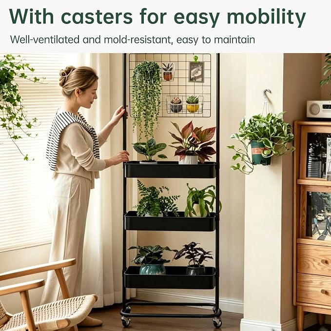Tall 3 Tier Rolling Cart, Metal Storage Rack with Wheels for Indoor Spaces | Rust-resistant steel frame with adjustable tiers, locking wheels and 50 lbs shelves for flexible indoor organization. - Image 6