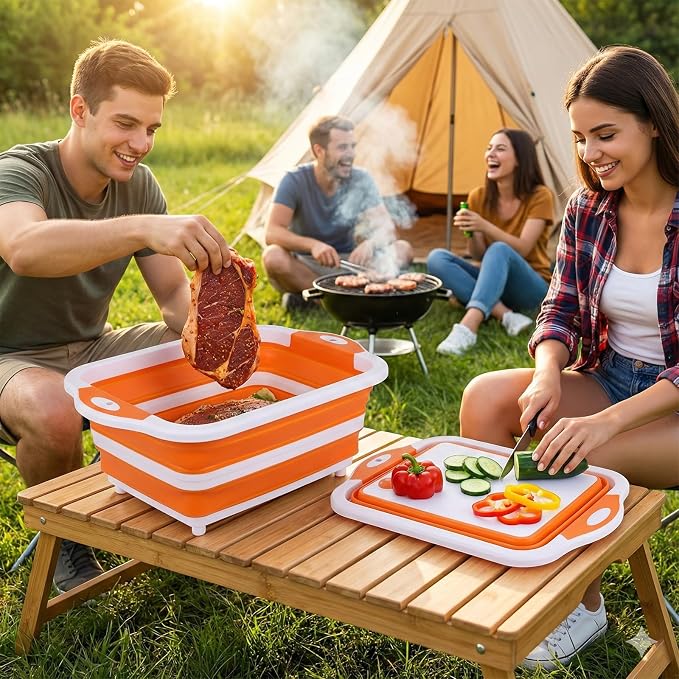 Collapsible BBQ Prep Tub with Lid, Foldable Camping Sink with Colander, Cutting Board, Dish Basin for Kitchen, Bowl, Vegetable and Fruit, Storage Basket for Picnic-Orange - Image 2