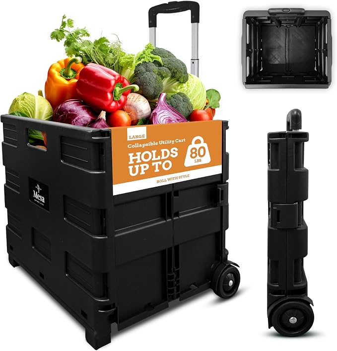 Inspired Living Collapsible Ultra-Slim Pack-N-Roll, 2 Wheel Utility Cart , With Telescopic Handle - Super Strong up to 80 Lbs Load Capacity, Black by Inspired+Living