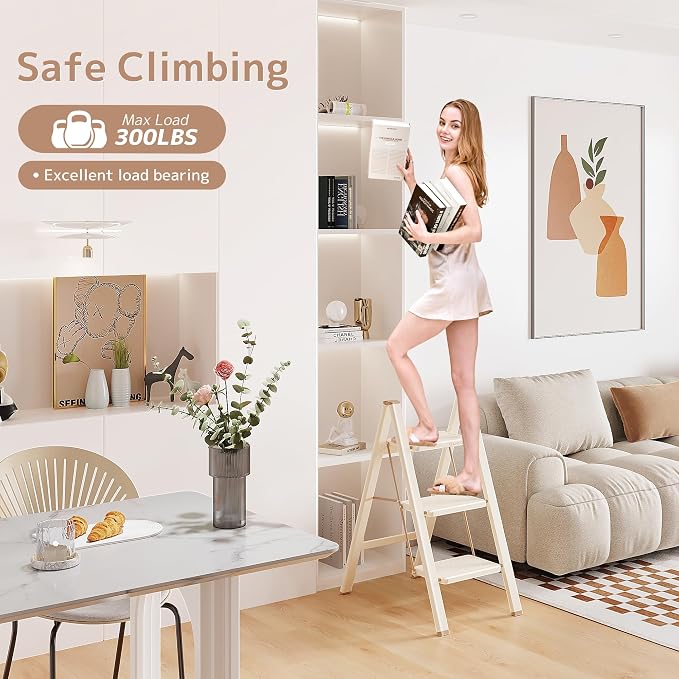 3 Step Ladder, Foldable Step Stool with Wide Anti-Slip Pedal | Portable, Sturdy Carbon Steel, 330LBS Capacity, Easy Storage, Space Saving, for Kitchen, Closet, Cream Chocolate - Image 2