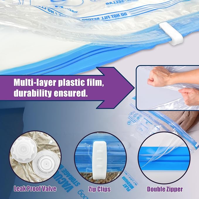 XXL Jumbo Vacuum Seal Storage Bags Extra Large for Clothing Bedding | 47''X35'', Airtight Triple Seal, Save 80% Space, Hand Pump, Work with Vacuum, Double Zip, Reusable, Easy to Use, 8 pack - Image 6