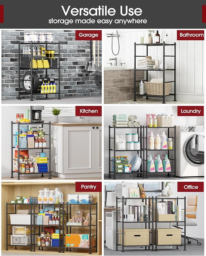 Sakugi Storage Shelves - 3 Tier Shelf Organizer, Sturdy Metal Garage Shelving with Adjustable Leveling Feet, Space-Saving Shelves Organizer for Pantry, Laundry, Kitchen (18" x 12" x 30", Black) - Image 3