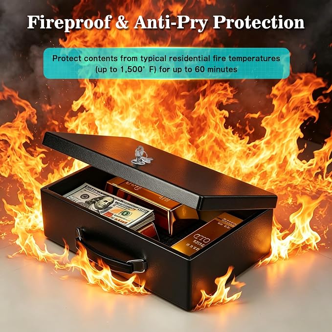 xydled Fireproof Document Box with Key Lock, Fire Safe Box, Black | Fire and water resistant lock box for documents, passports, cash and valuables, keeping secure at home, 12.8 x 8.5 x 4.5 Inch - Image 2
